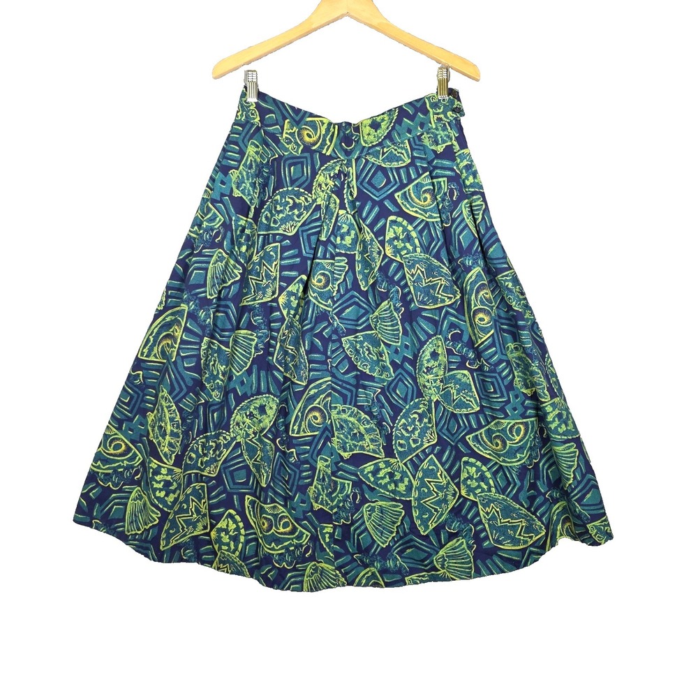 Vtg Cottagecore Cotton Abstract Geometric Midi Skirt Batik Print Blue Green M